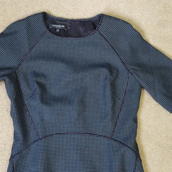 EUC Lafayette 148 navy blue dot midi dress - Picture 2 of 7